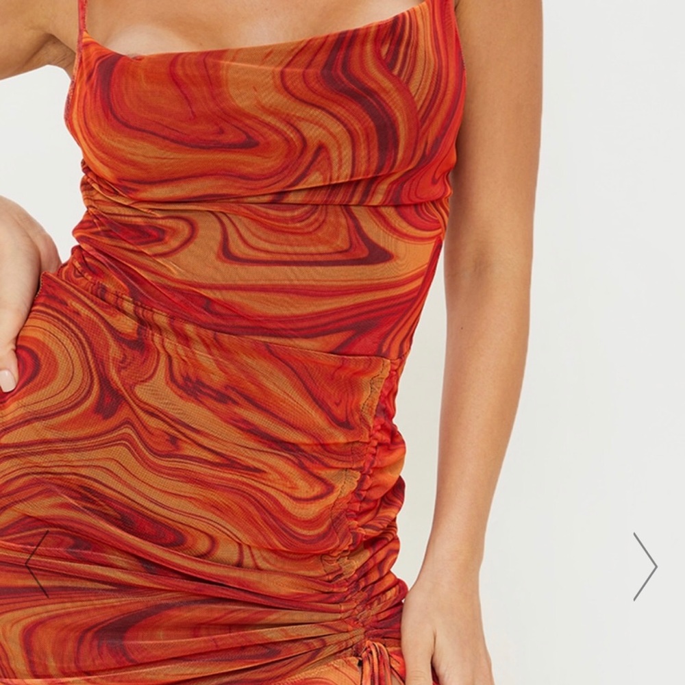 ORANGE MESH MARBLE PRINT RUCHED BODYCON DRESS - Picture 3 of 3
